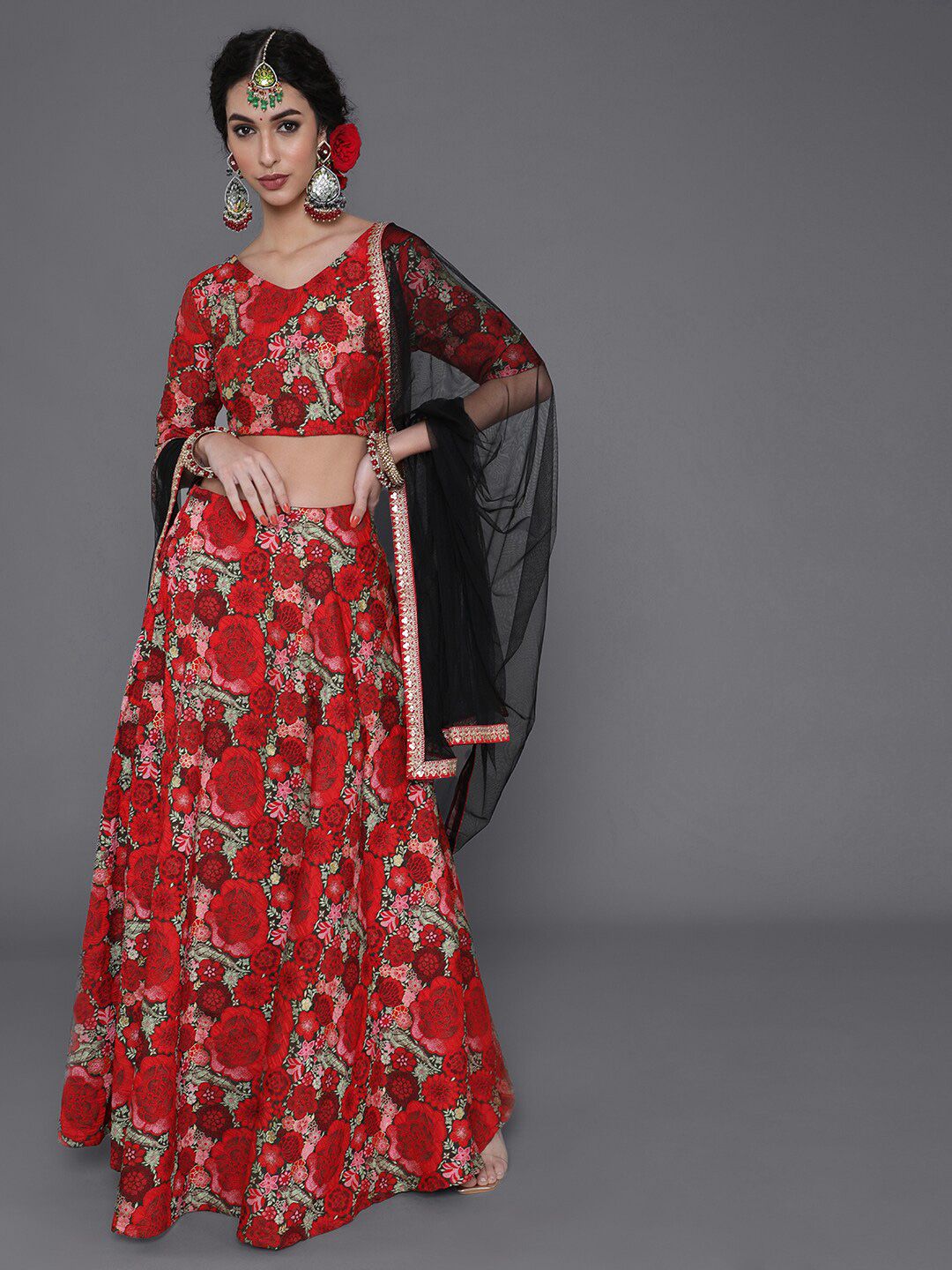 saubhagya Red & Black Embroidered Ready to Wear Lehenga & Blouse With Dupatta Price in India