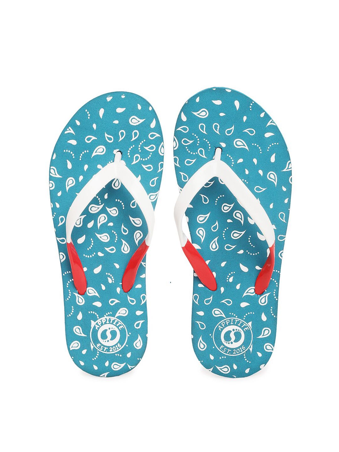 APPITITE Women Turquoise Blue & White Printed Rubber Thong Flip-Flops Price in India