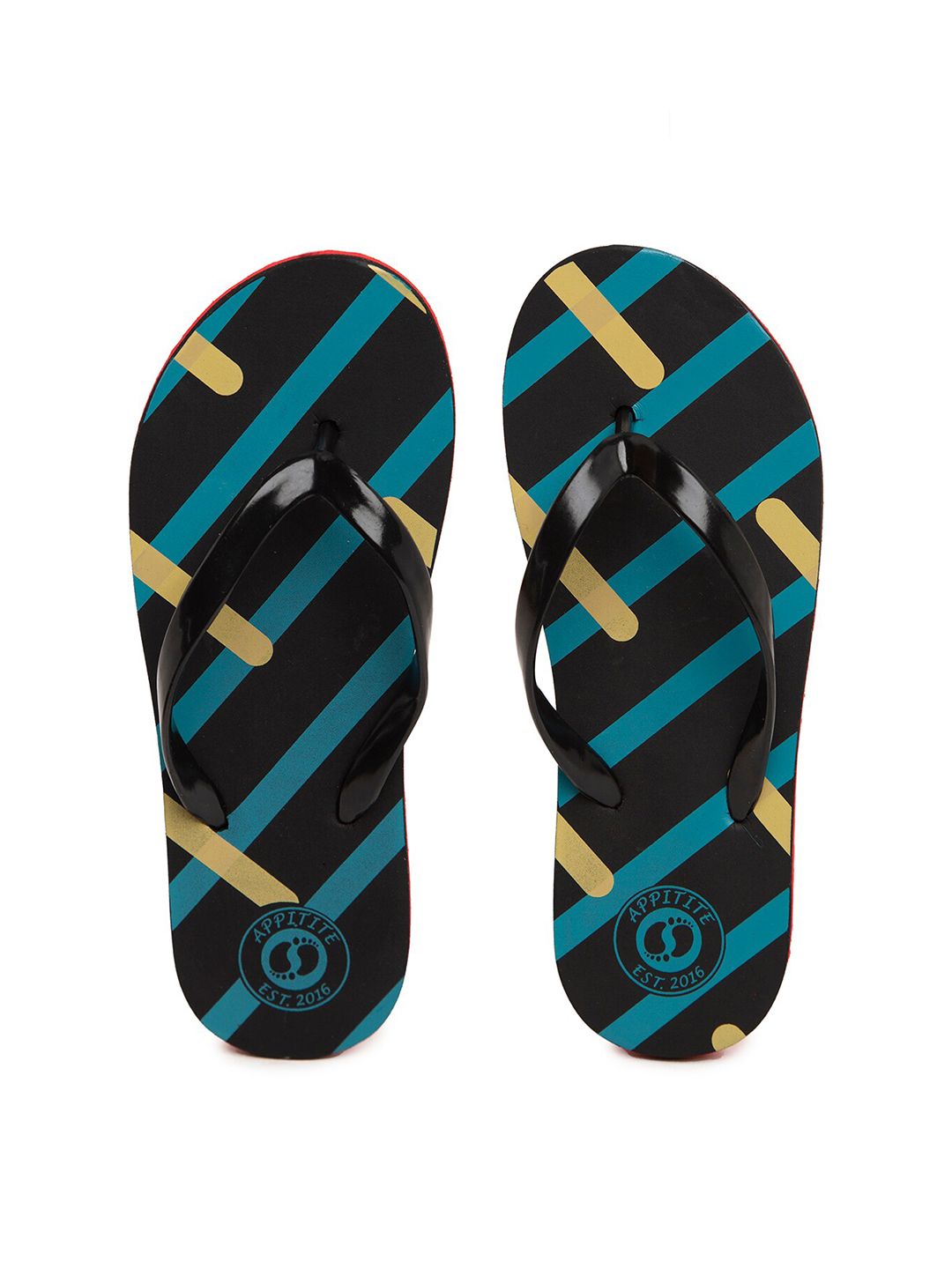 APPITITE Women Black & Blue Printed Rubber Thong Flip-Flops Price in India