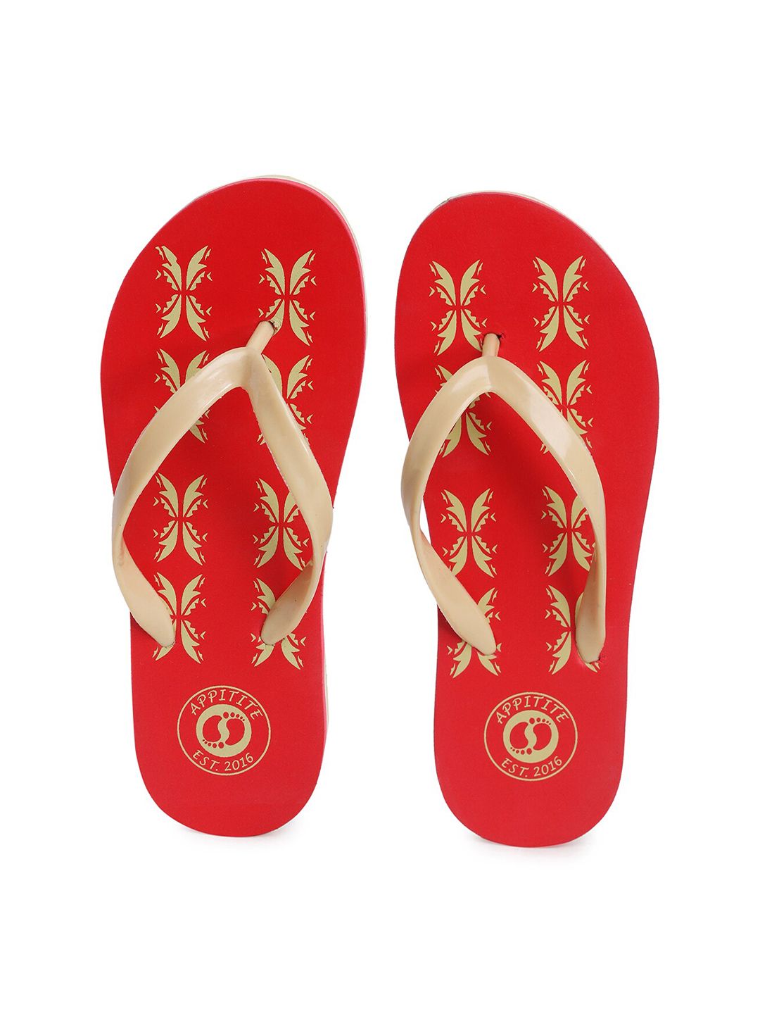 APPITITE Women Red & Beige Printed Rubber Thong Flip-Flops Price in India