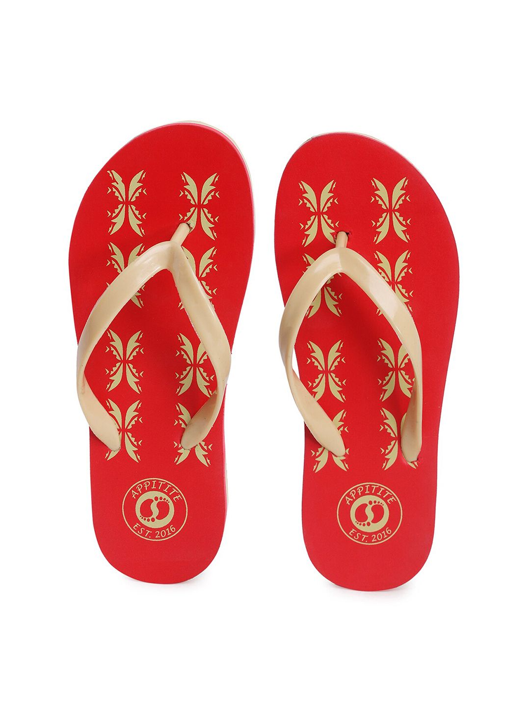 APPITITE Women Red & Beige Printed Rubber Thong Flip-Flops Price in India