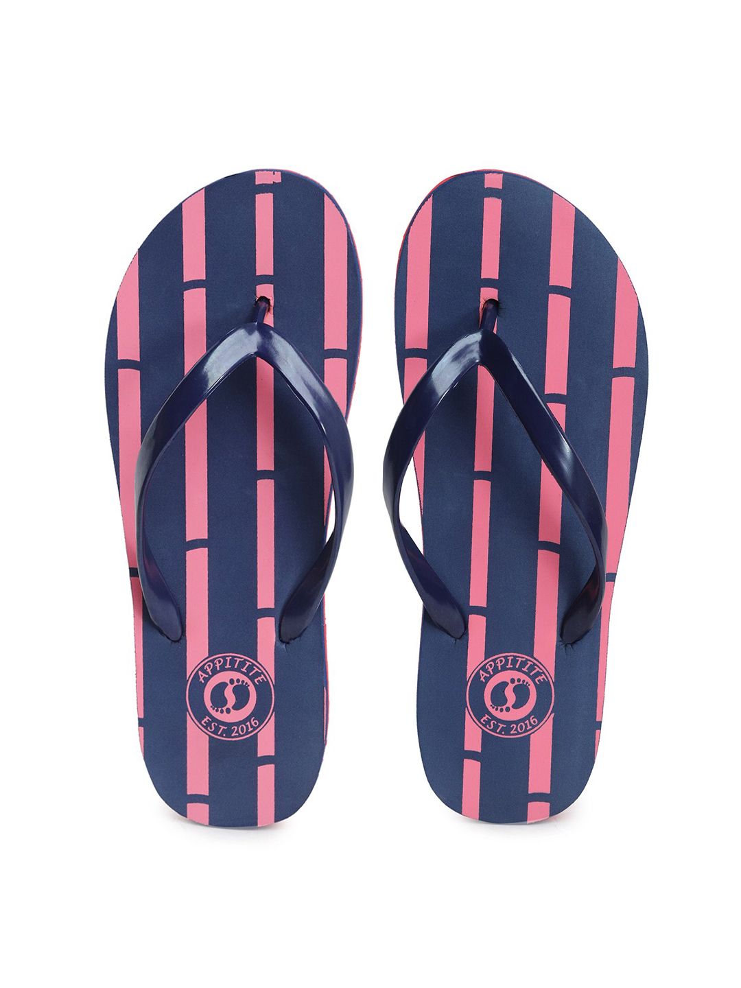 APPITITE Women Navy Blue & Pink Printed Rubber Thong Flip-Flops Price in India