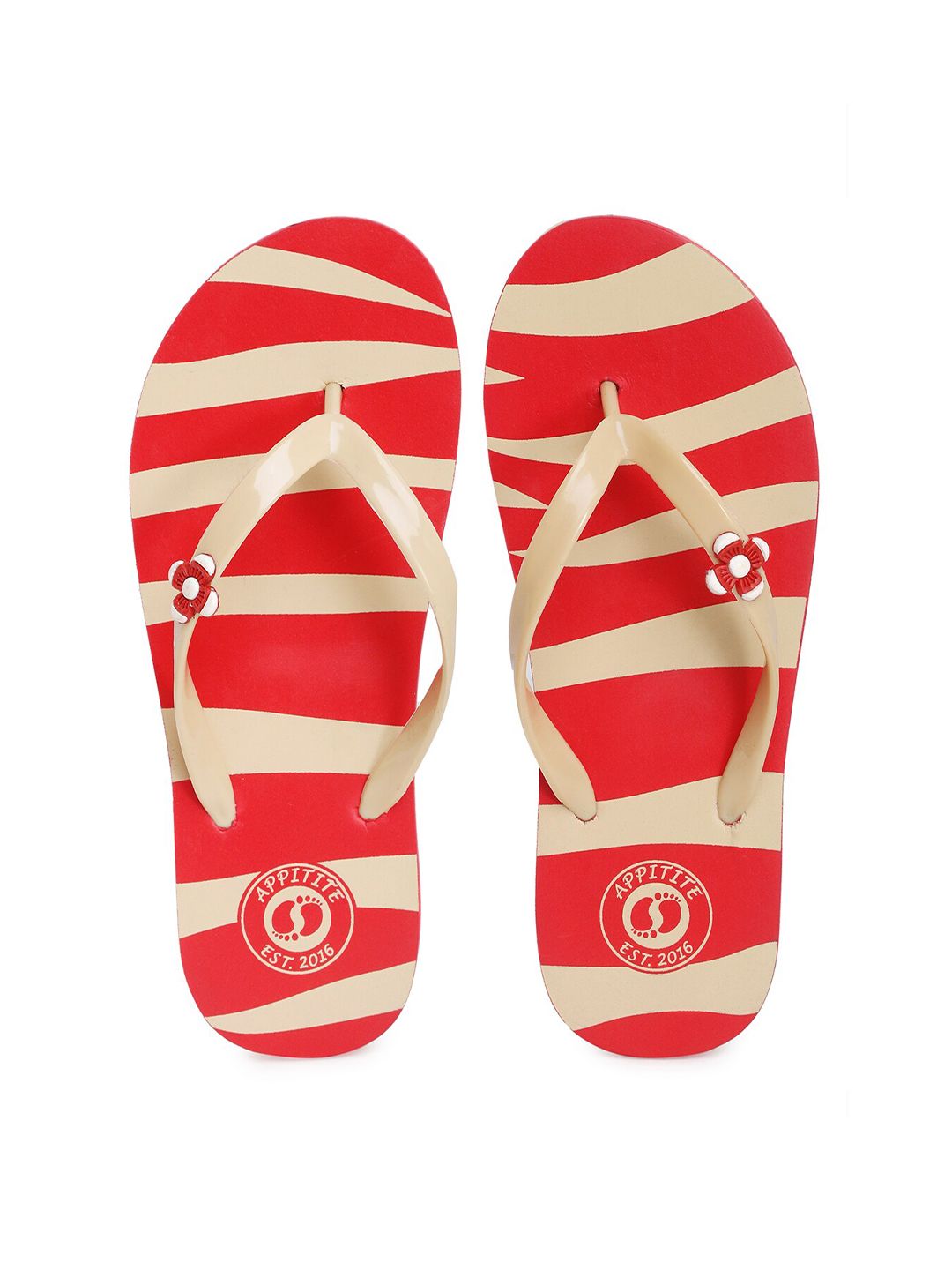 APPITITE Women Red & Beige Printed Rubber Thong Flip-Flops Price in India