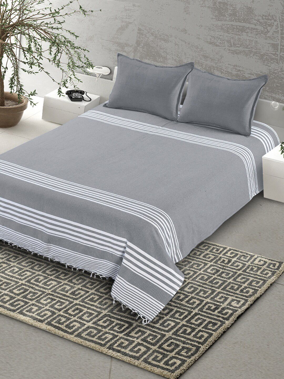 Saral Home Grey & White Striped Cotton 160 TC King Bedsheet with 2 Pillow Covers Price in India