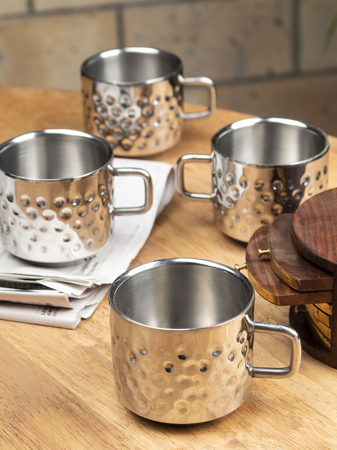 MARKET99 Silver-Toned Textured Stainless Steel Glossy Mug and Bowl Set of Cups and Mugs Price in India