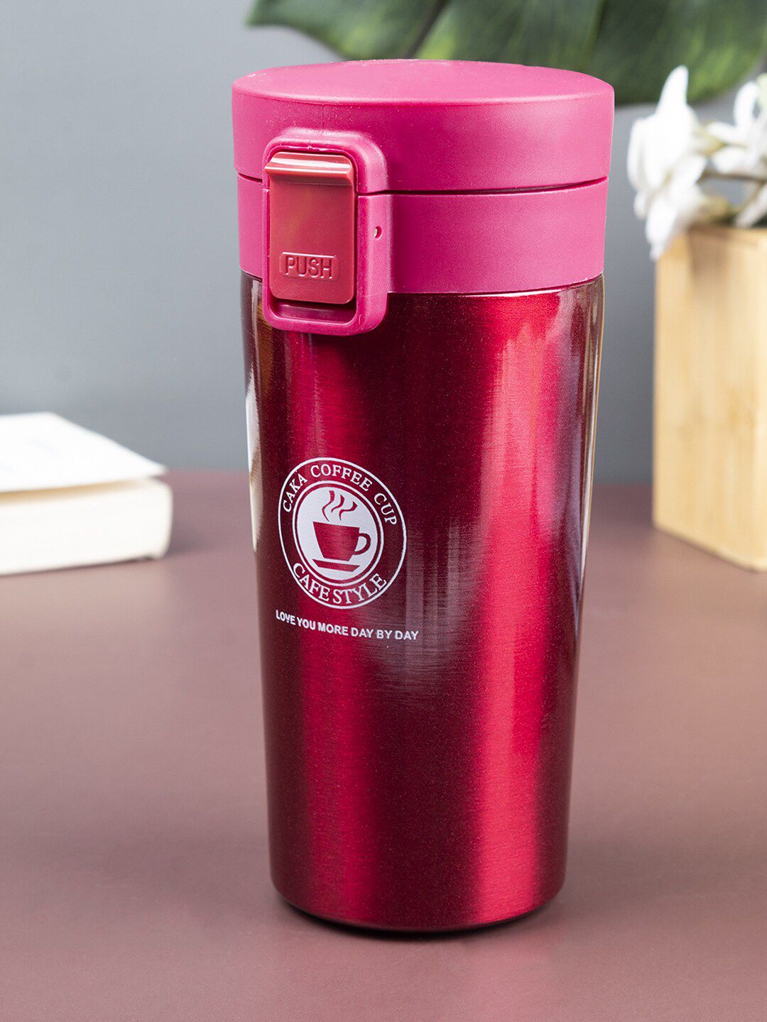 MARKET99 Red & White Printed Stainless Steel Glossy Travel Mug with Lid Price in India