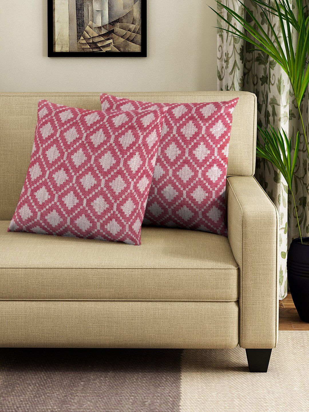 Dhrohar Red & White Set of 2 Geometric  Jacquard Premium Cotton Square Cushion Covers Price in India