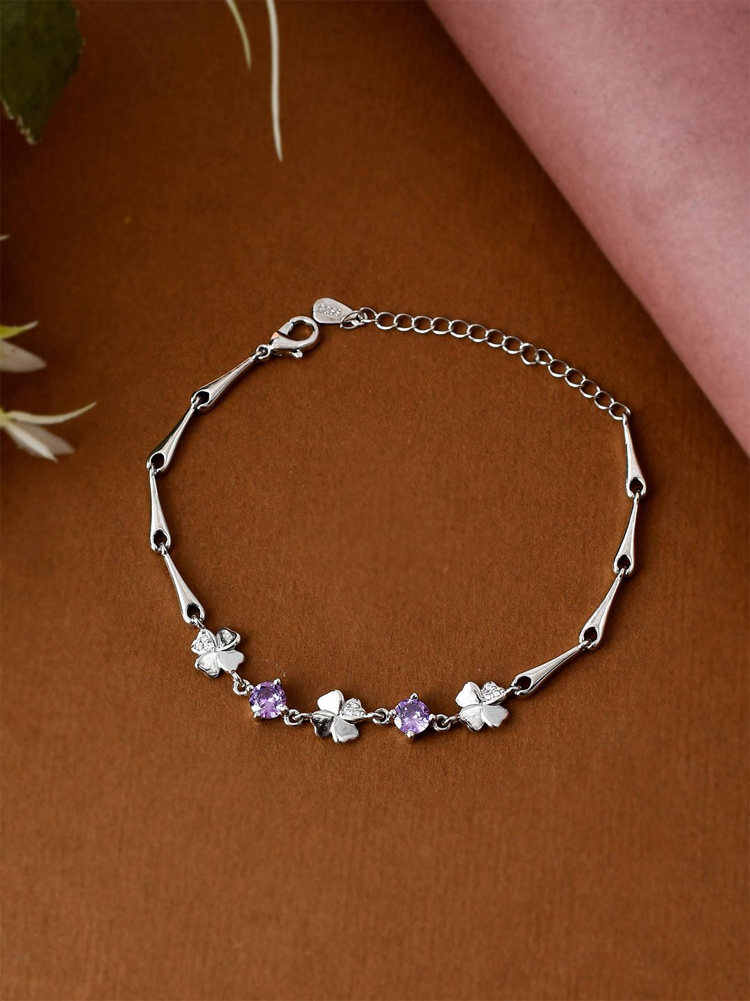 AQUASTREET Women Silver-Toned & Purple Cubic Zirconia Rhodium-Plated Link Bracelet Price in India