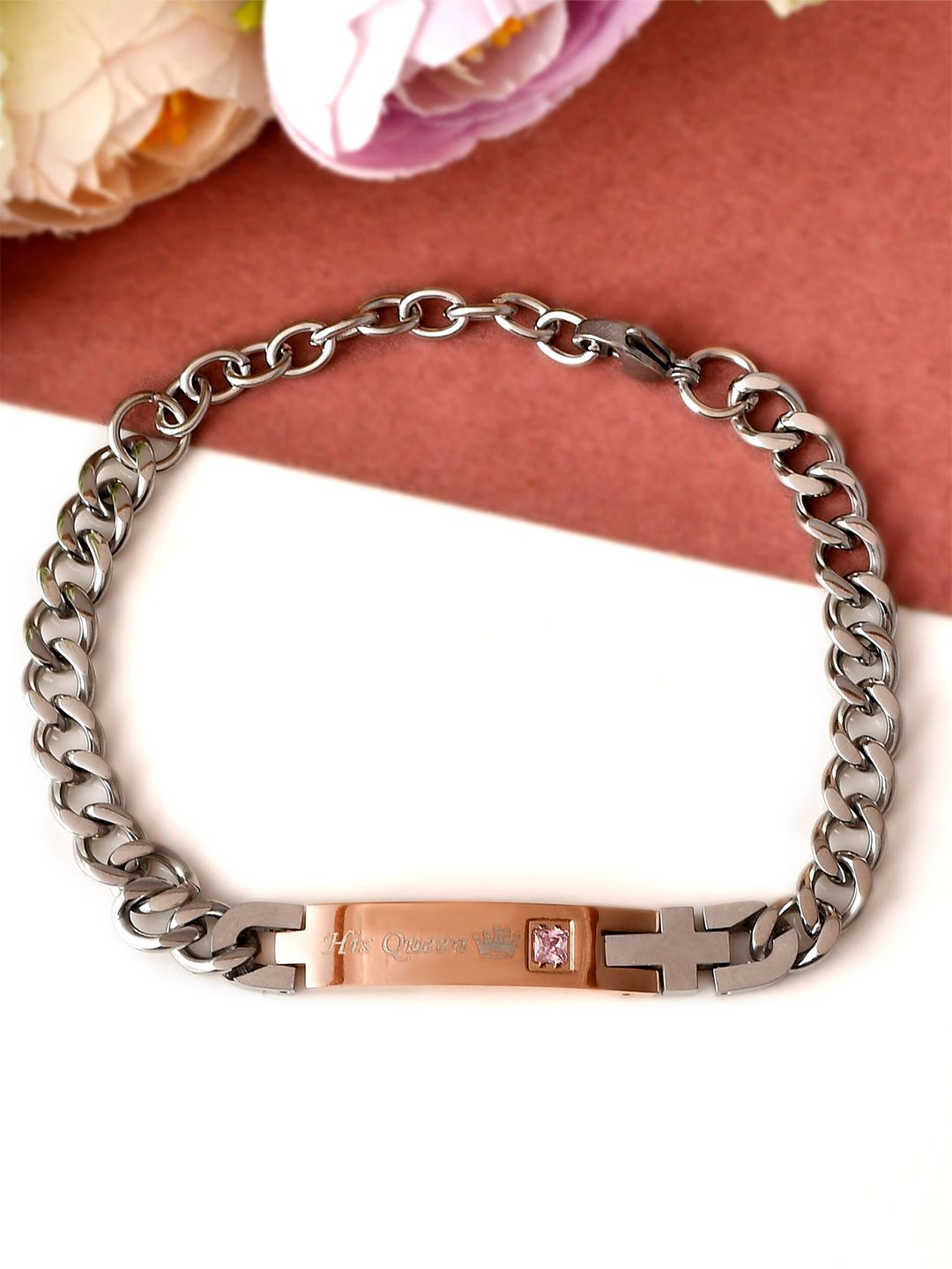 AQUASTREET Women Silver-Toned & Copper-Toned Silver-Plated Charm Inscribed Bracelet Price in India