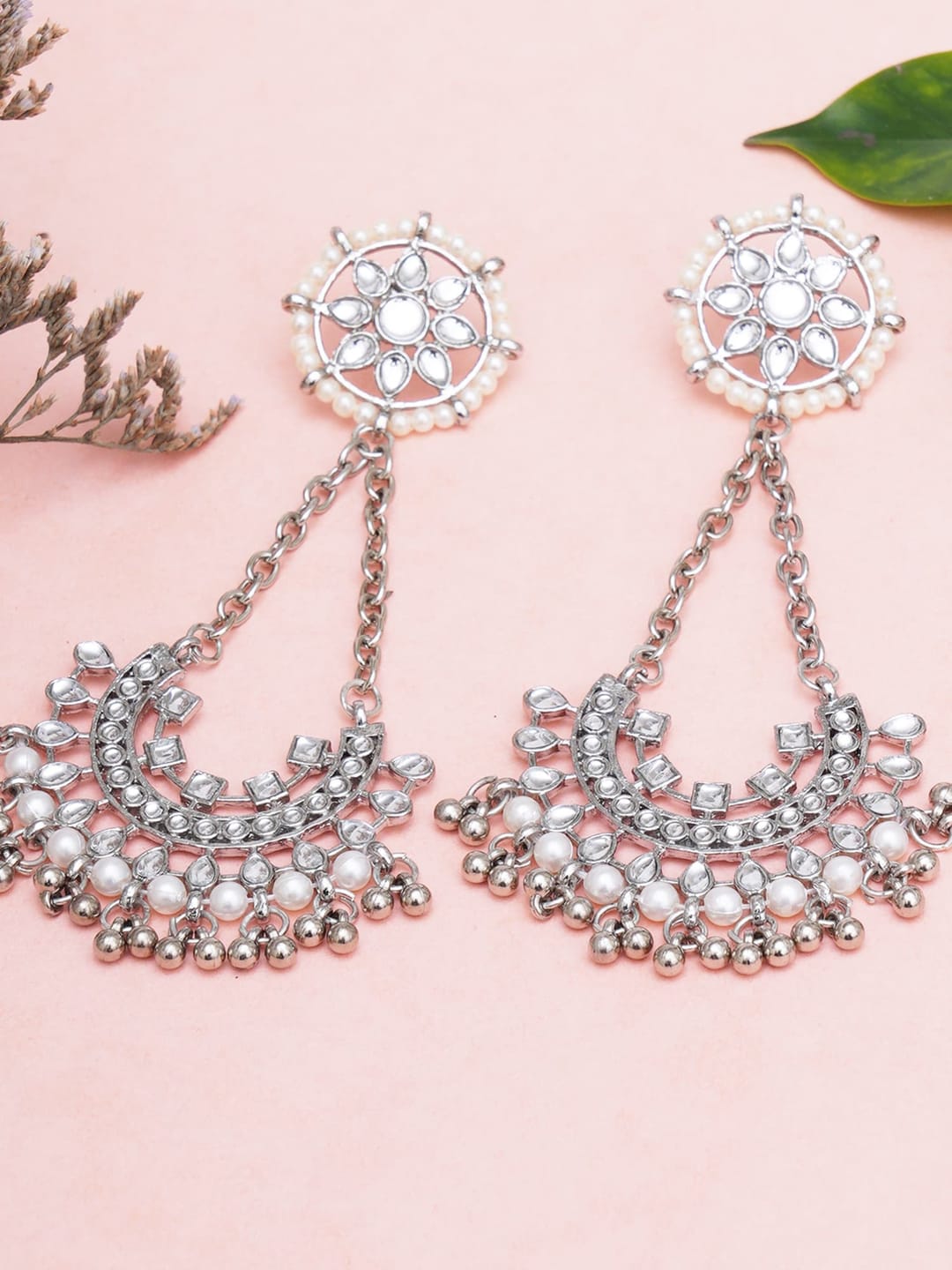 KARATCART Silver-Toned Contemporary Chandbalis Earrings Price in India