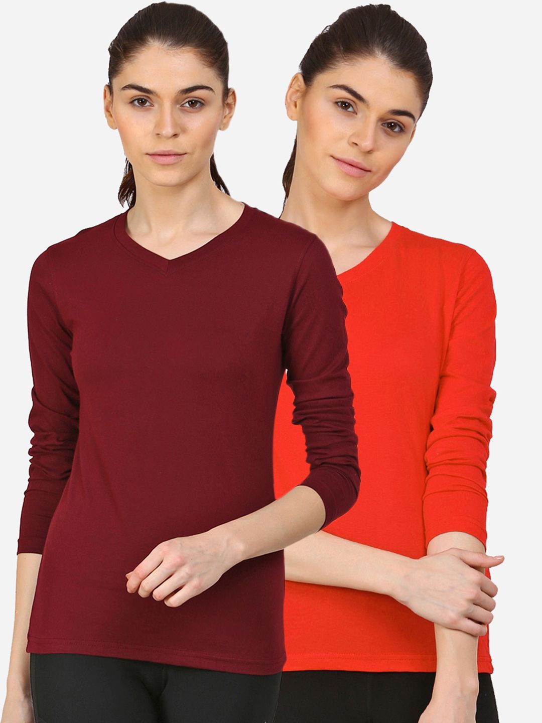 appulse Women Red & Maroon 2 V-Neck Slim Fit Running T-shirt Pack Of 2 Price in India