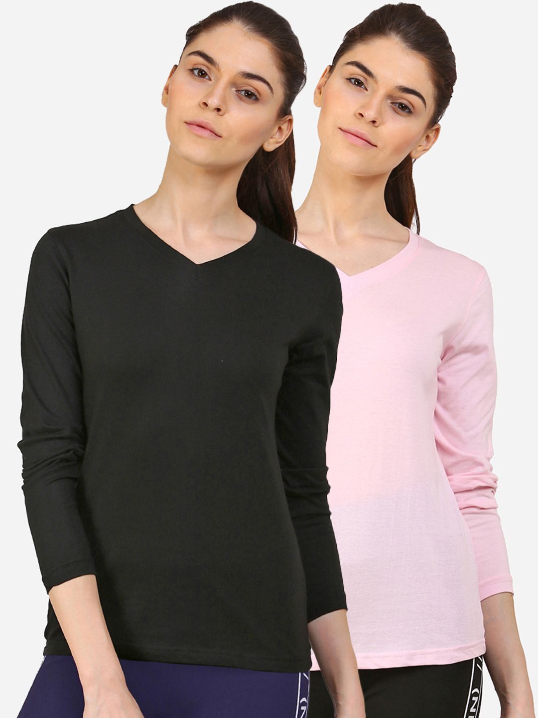 appulse Women Pack Of 2 Black & Pink V-Neck Slim Fit Running T-shirt Price in India