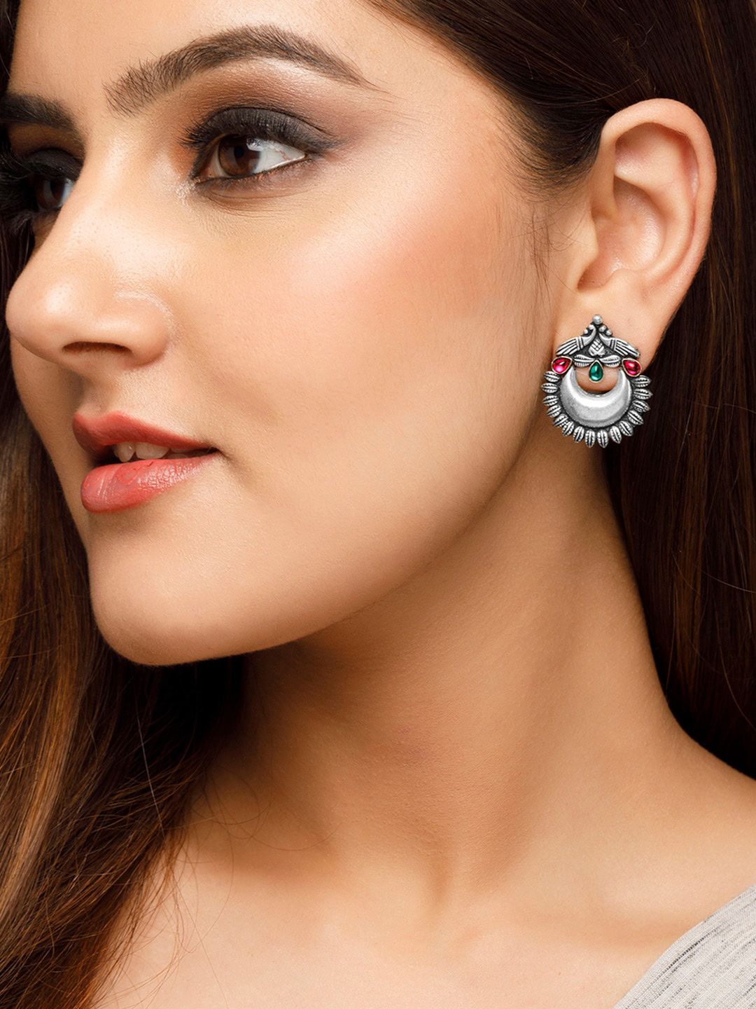 Rubans Silver-Plated Oxidised Crescent Shaped Chandbalis Earrings Price in India
