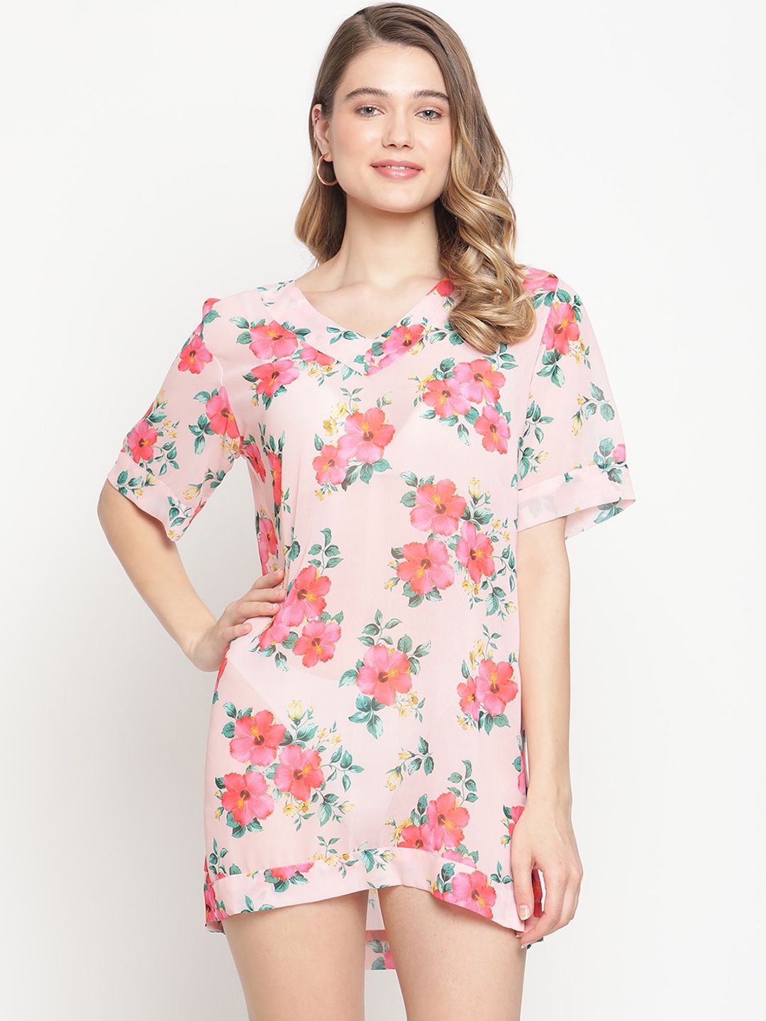 EROTISSCH Women Pink Floral Printed Beachwear Cover-Up Dress Price in India