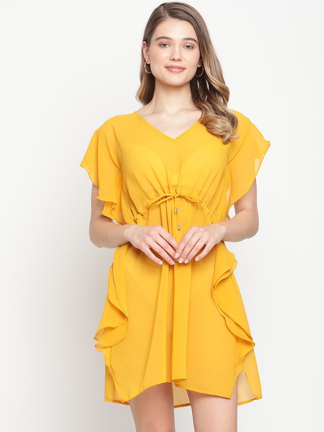 EROTISSCH Women Yellow Solid Cover Up Beach Dress Price in India