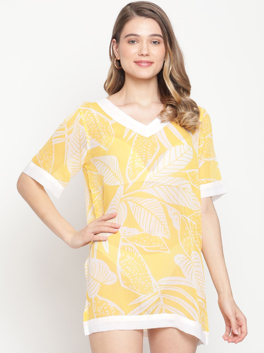 EROTISSCH Women Yellow & White Printed Beachwear Cover-Up Dress Price in India