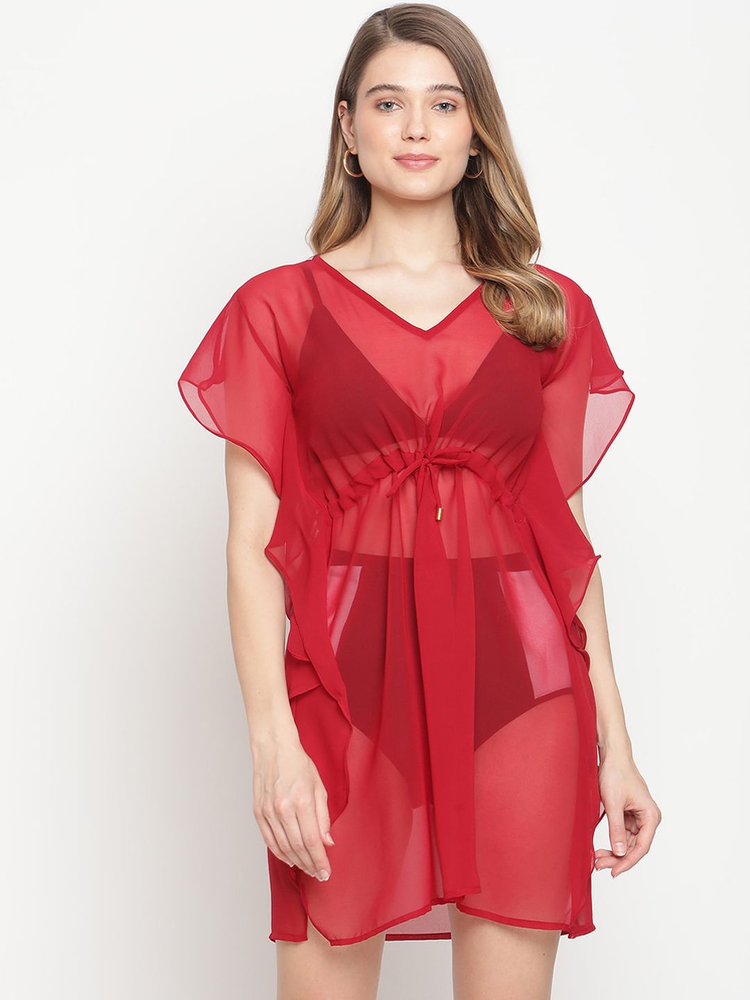 EROTISSCH Women Red Solid Beachwear Cover Up Kaftan Dress Price in India