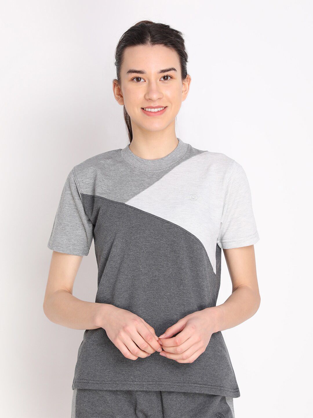 Chkokko Women Grey Melange Colourblocked Cotton Outdoor T-shirt Price in India