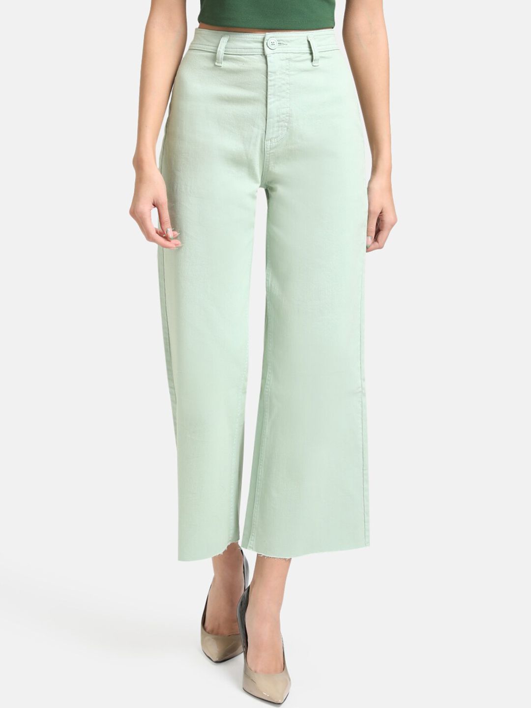 Kazo Women Mint Green Relaxed Fit High-Rise Stretchable Frayed Hem Cropped Jeans Price in India