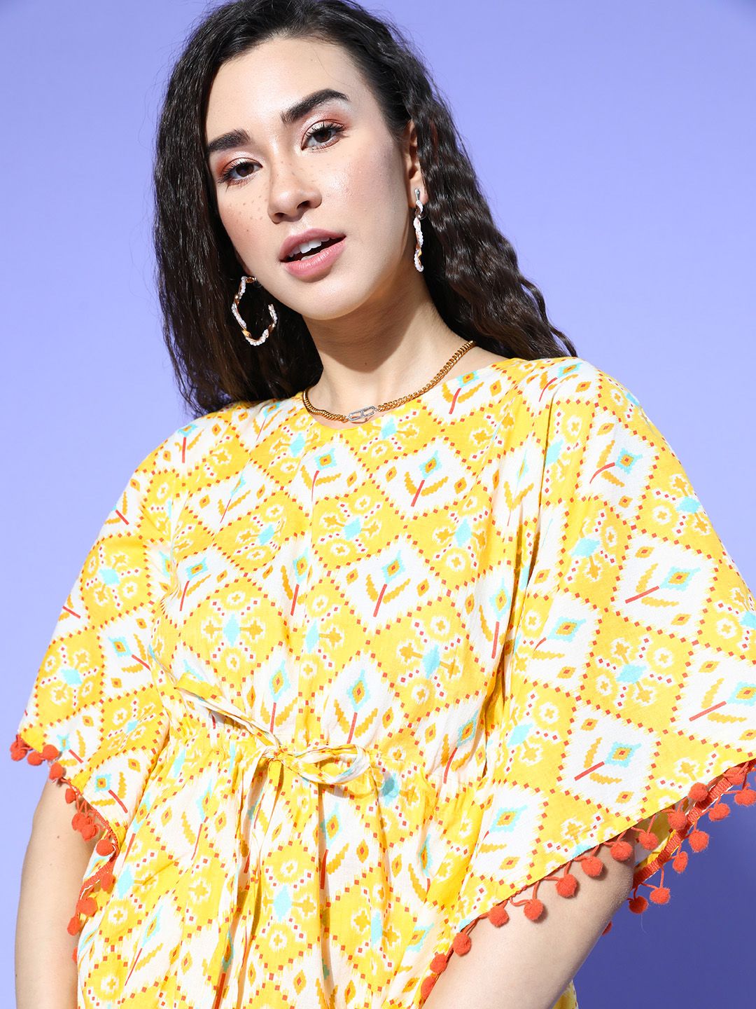 Bannos Swagger Women Yellow & Cream-Coloured Pure Cotton Printed Kaftan Pyjamas Set Price in India