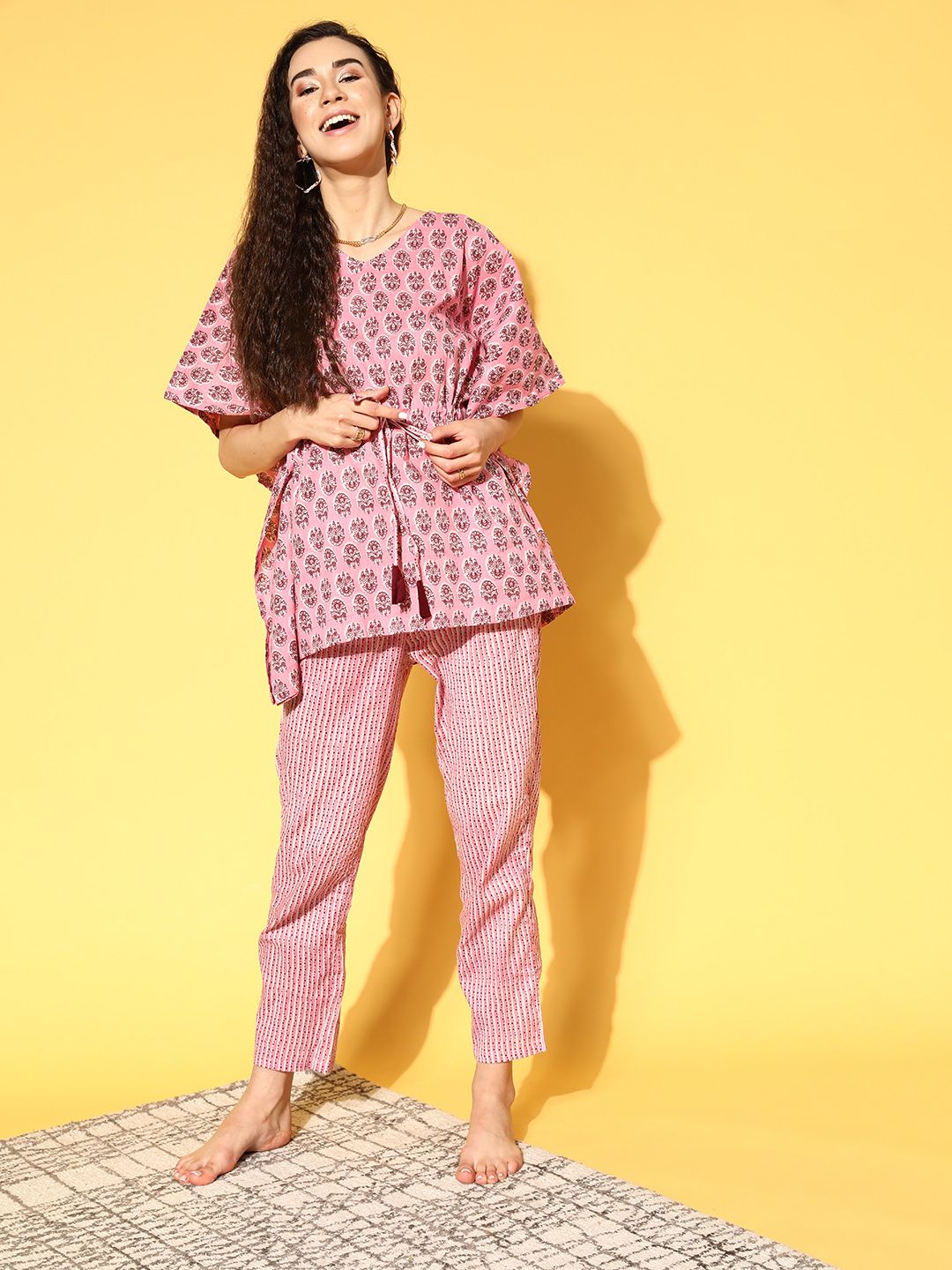 Bannos Swagger Women Peach-Coloured & White Pure Cotton Printed Kaftan Pyjamas Set Price in India