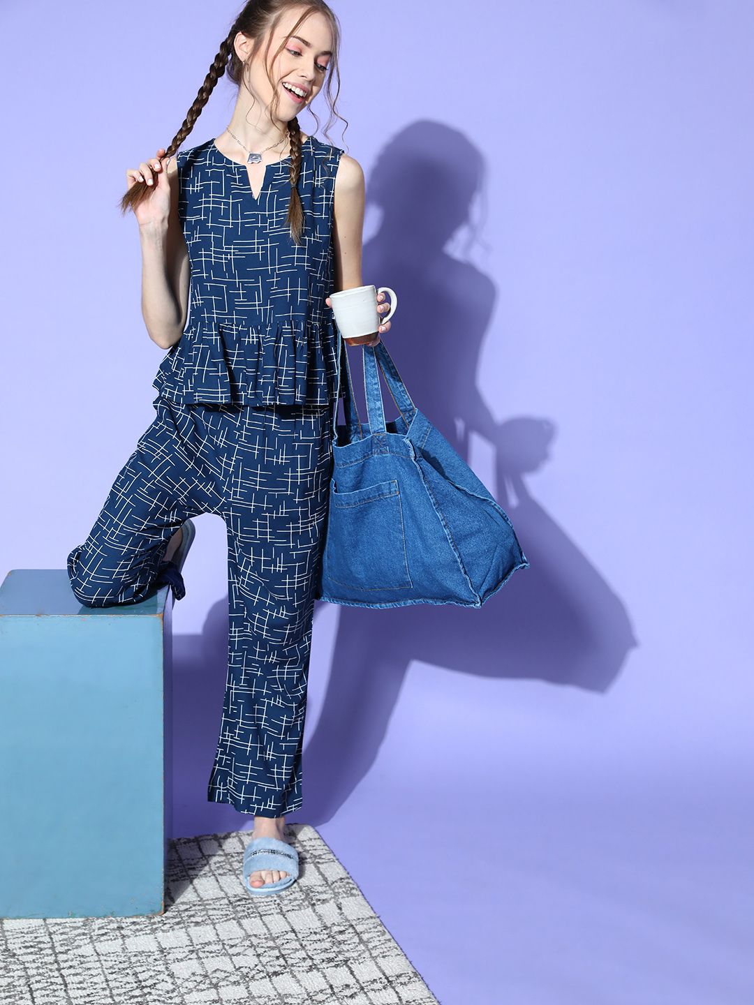 Bannos Swagger Women Navy Blue Geometric Indie Fusion Lounge Set Price in India