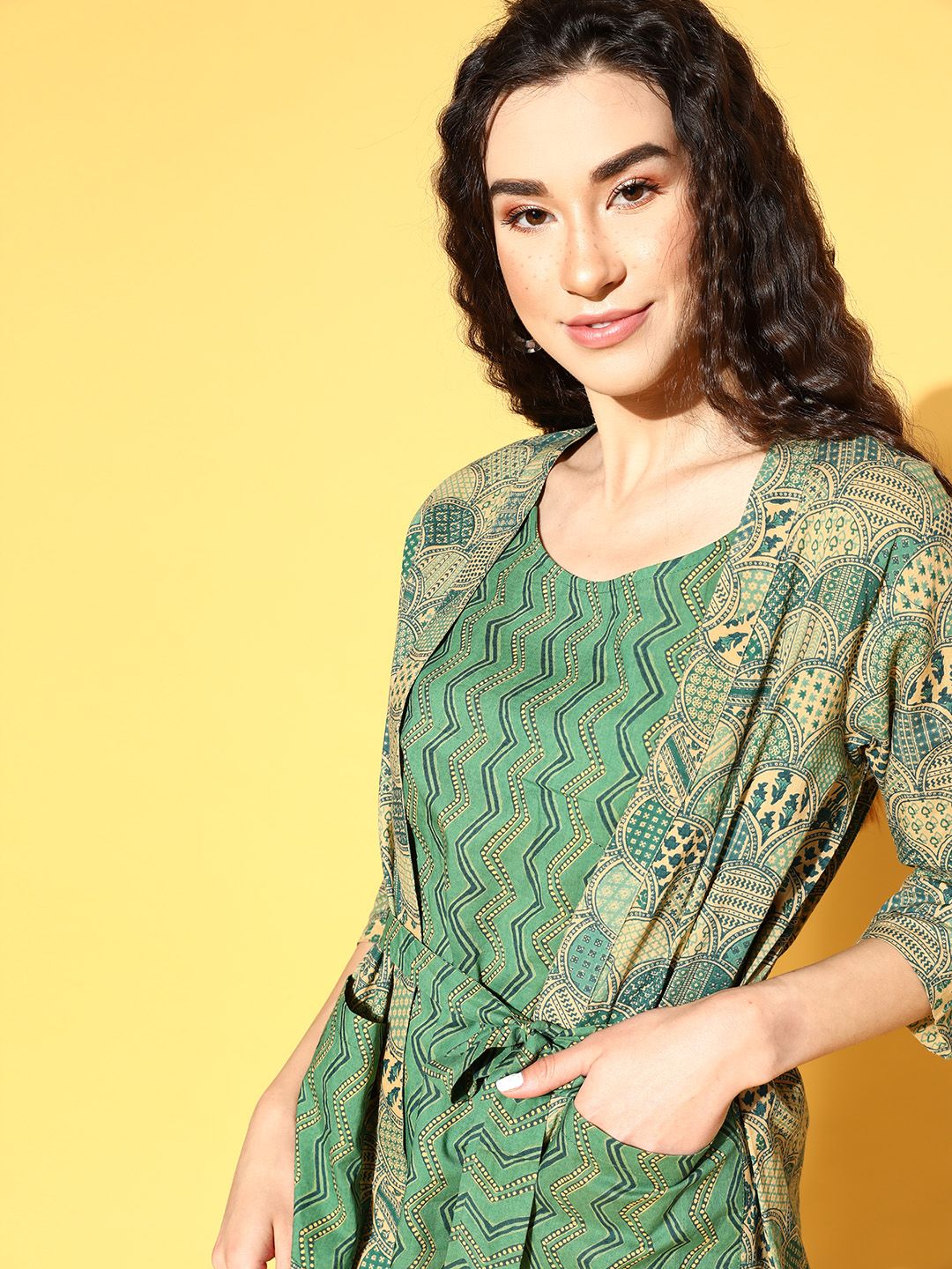 Bannos Swagger Women 3 Pc Green Printed Pure Cotton Night Suit Set Price in India