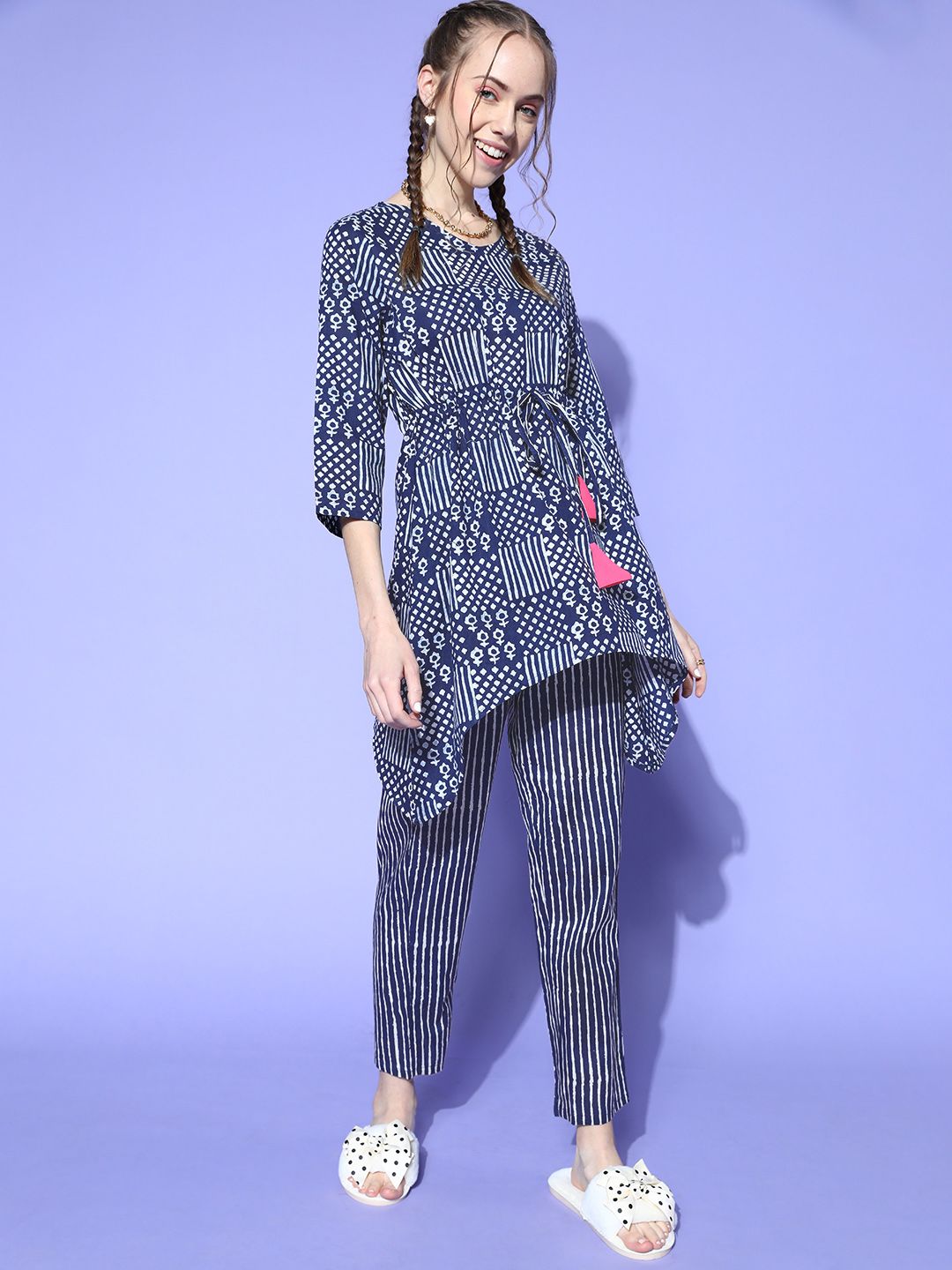 Bannos Swagger Women Navy Blue Ethnic Motifs Indie Fusion Lounge Set Price in India