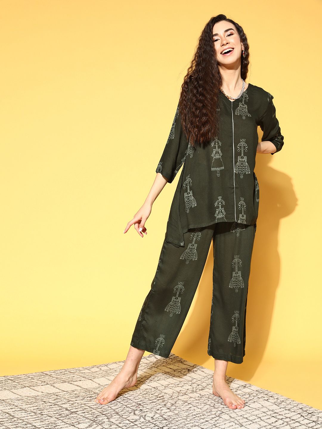 Bannos Swagger Women Olive Green & White Printed Pyjamas Set Price in India