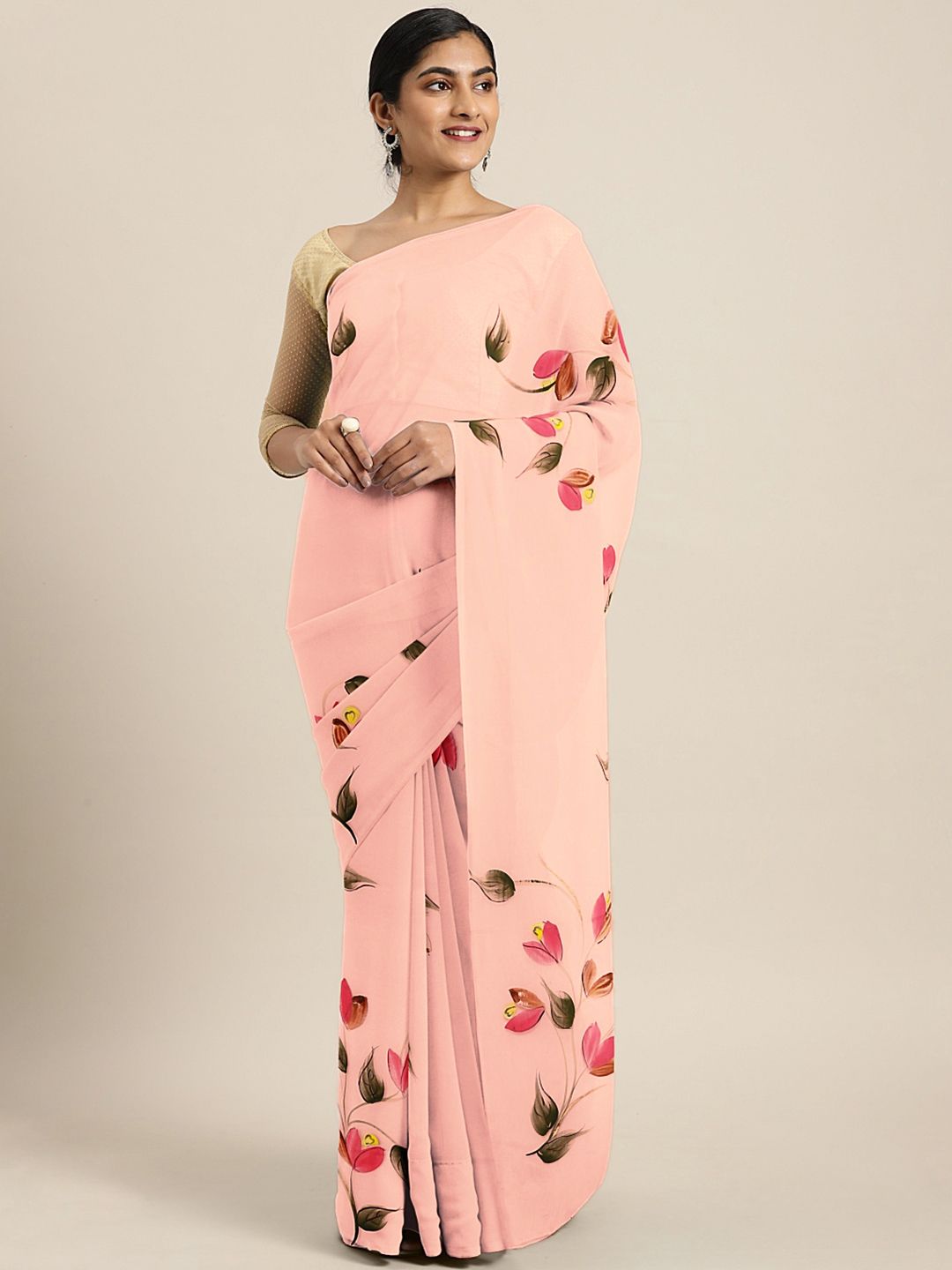 Kalakari India Peach-Coloured & Brown Floral Hand Painted Saree Price in India