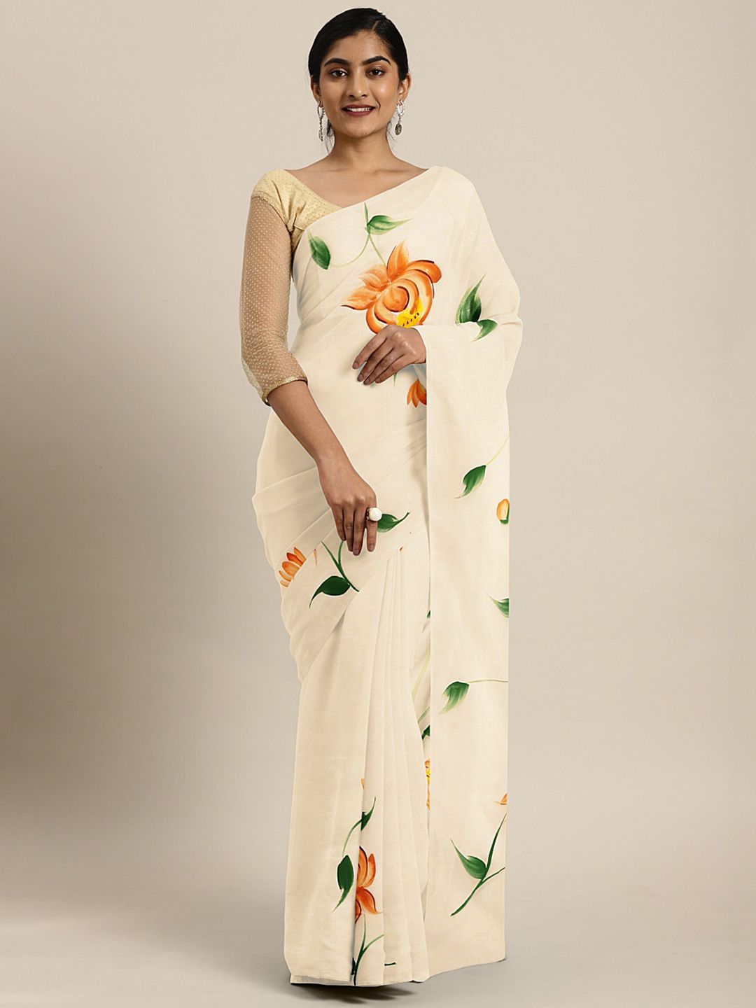 Kalakari India Off White & Orange Floral Hand Painted Saree Price in India