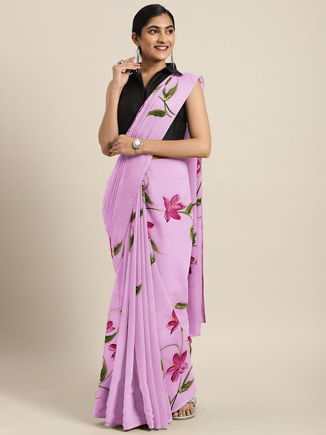Kalakari India Purple & Green Floral Hand Painted Saree Price in India