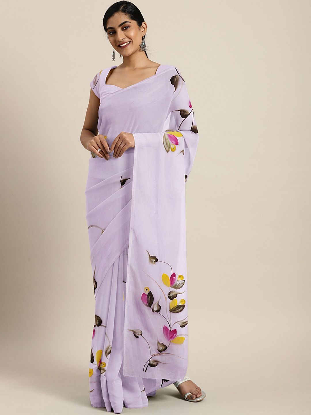 Kalakari India Lavender & Pink Floral Hand Painted Saree Price in India