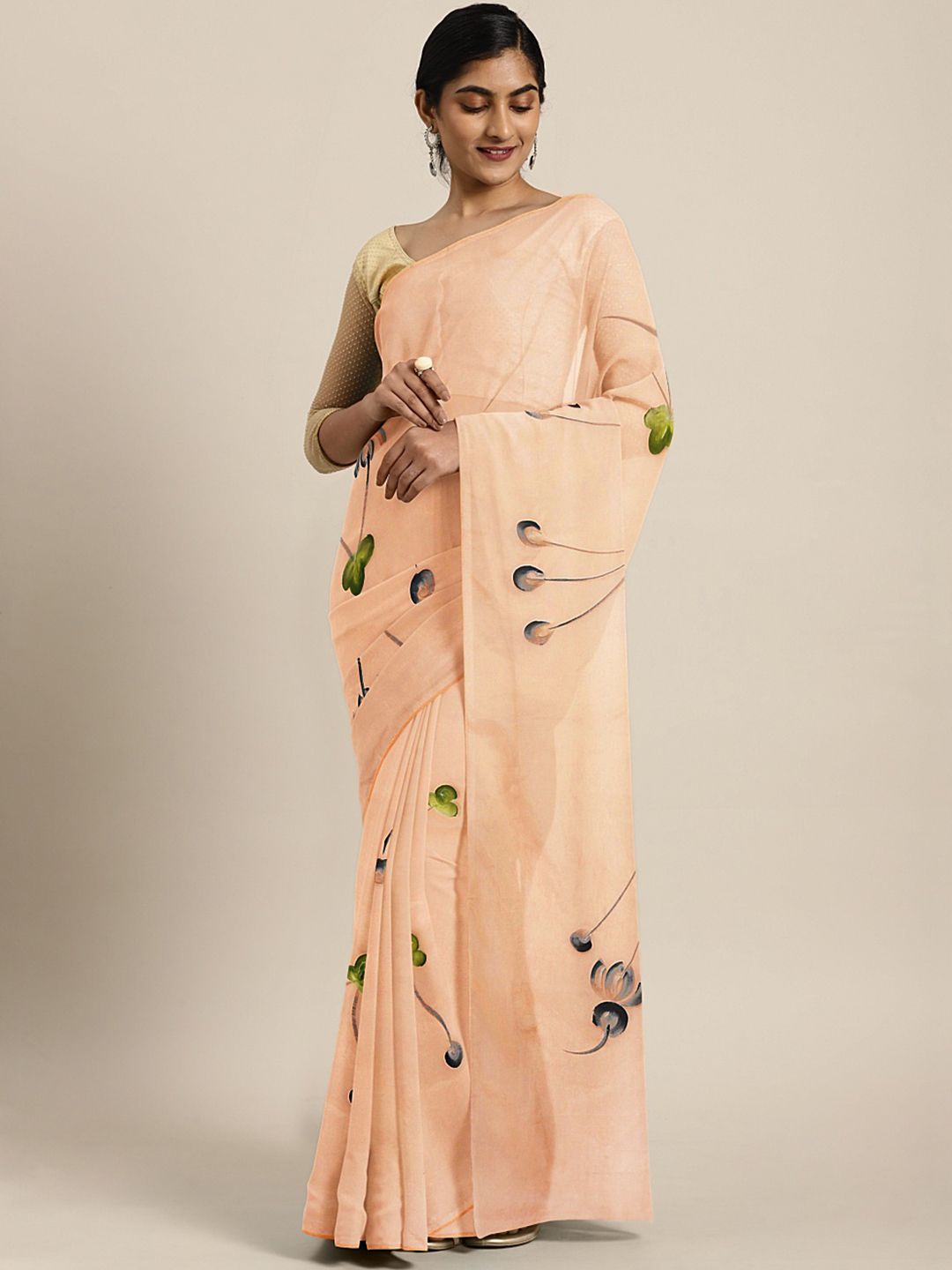 Kalakari India Peach-Coloured & Black Floral Hand Painted Saree Price in India