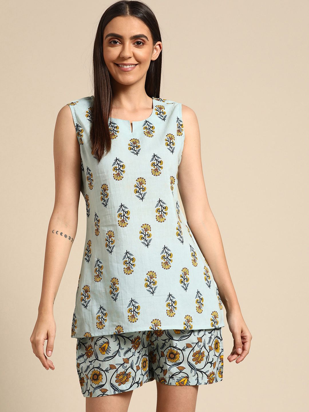 Prakrti Women Blue & Yellow Pure Cotton Printed Shorts Set Price in India