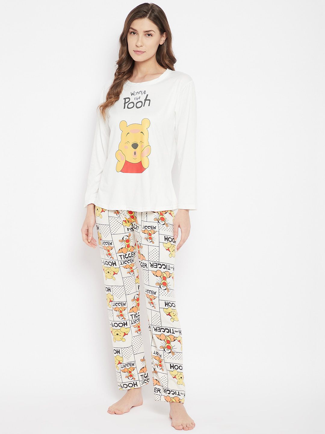 Camey Women Off White & Orange Winnie The Pooh Printed Night suit Price in India