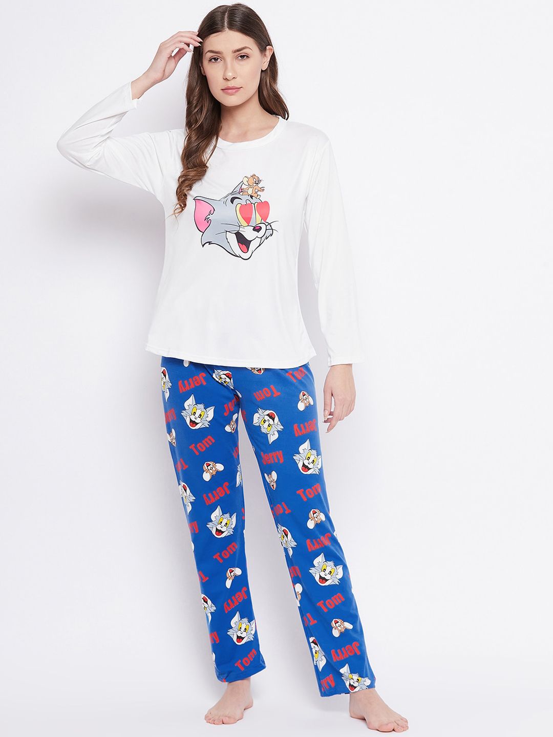 Camey Women White & Blue Tom & Jerry Printed Night suit Price in India