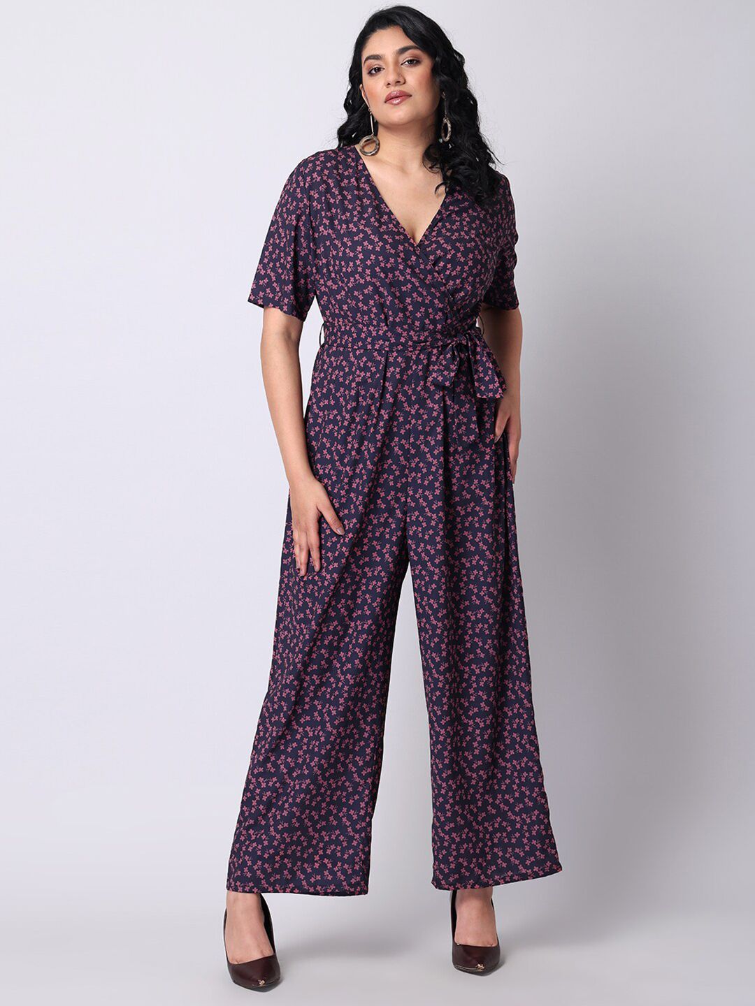 FabAlley Curve Women Navy Blue & Pink Printed Basic Jumpsuit Price in India