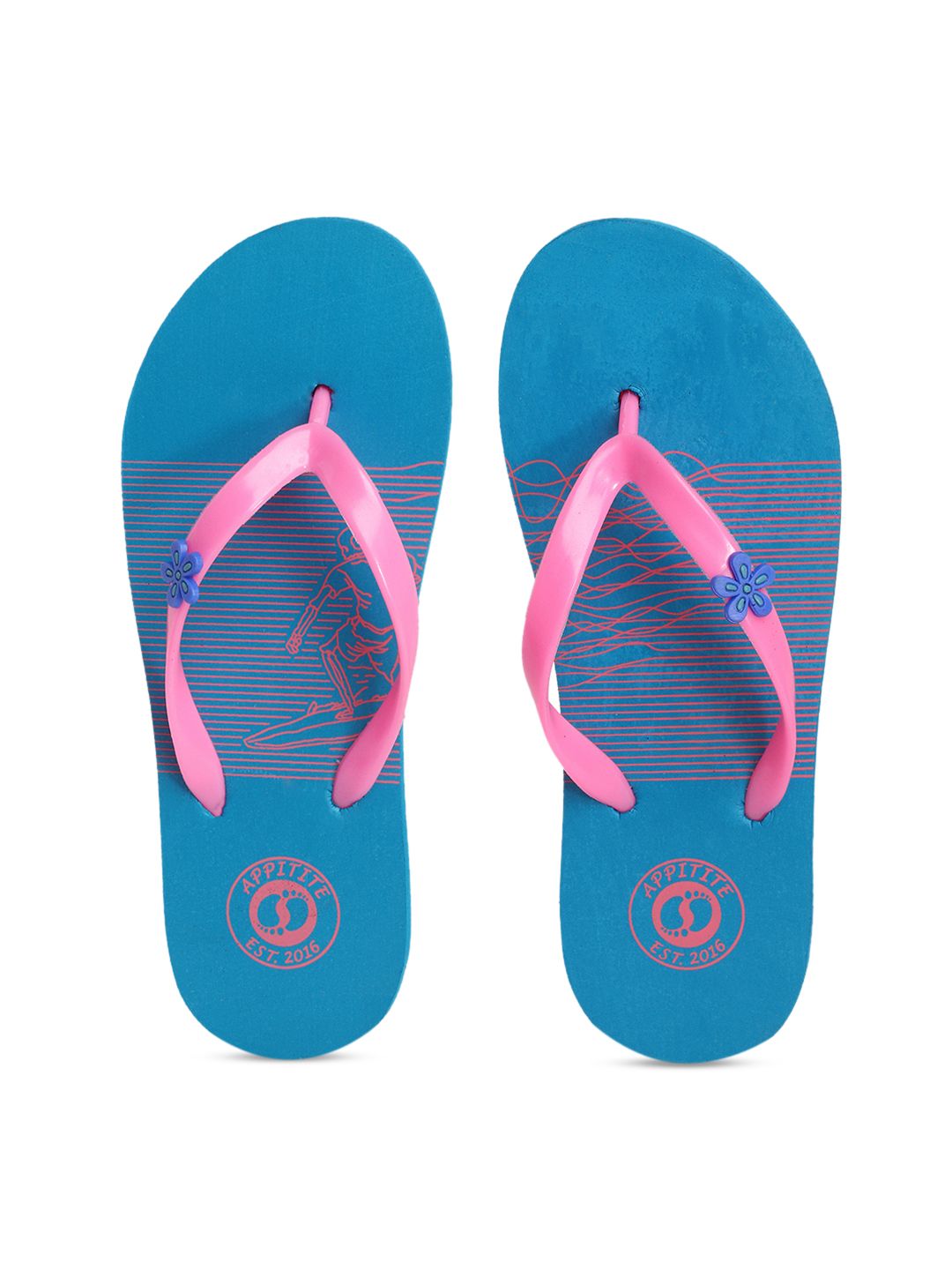 APPITITE Women Blue & Pink Printed Rubber Thong Flip-Flops Price in India