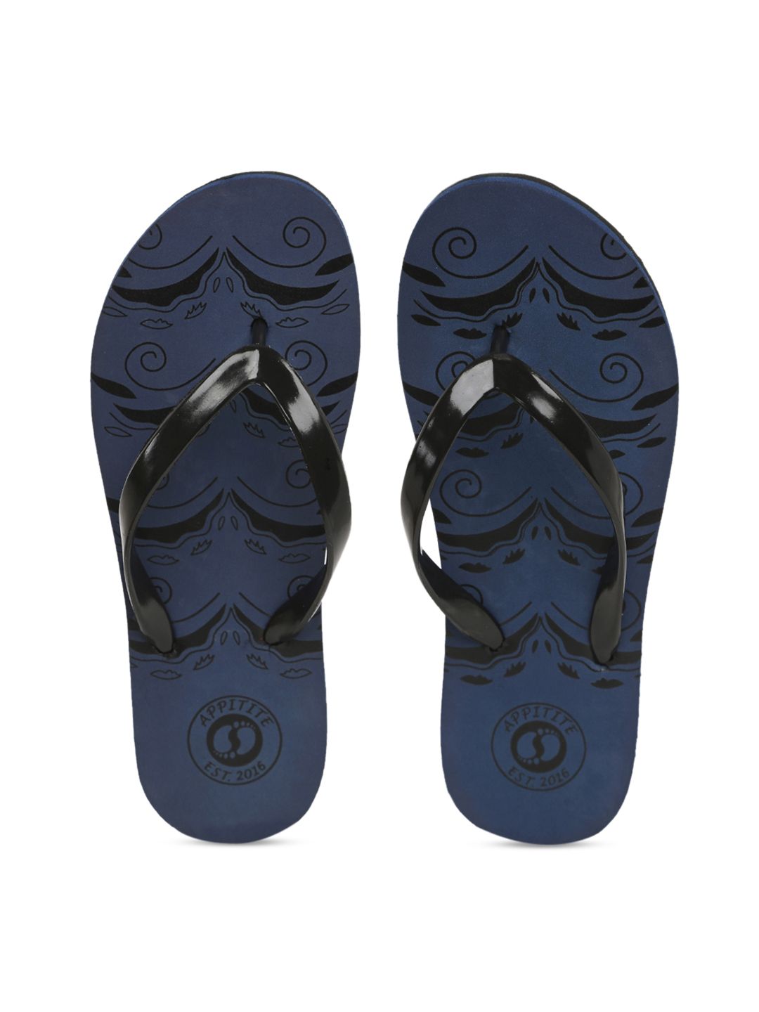 APPITITE Women Navy Blue & Black Printed Rubber Thong Flip-Flops Price in India