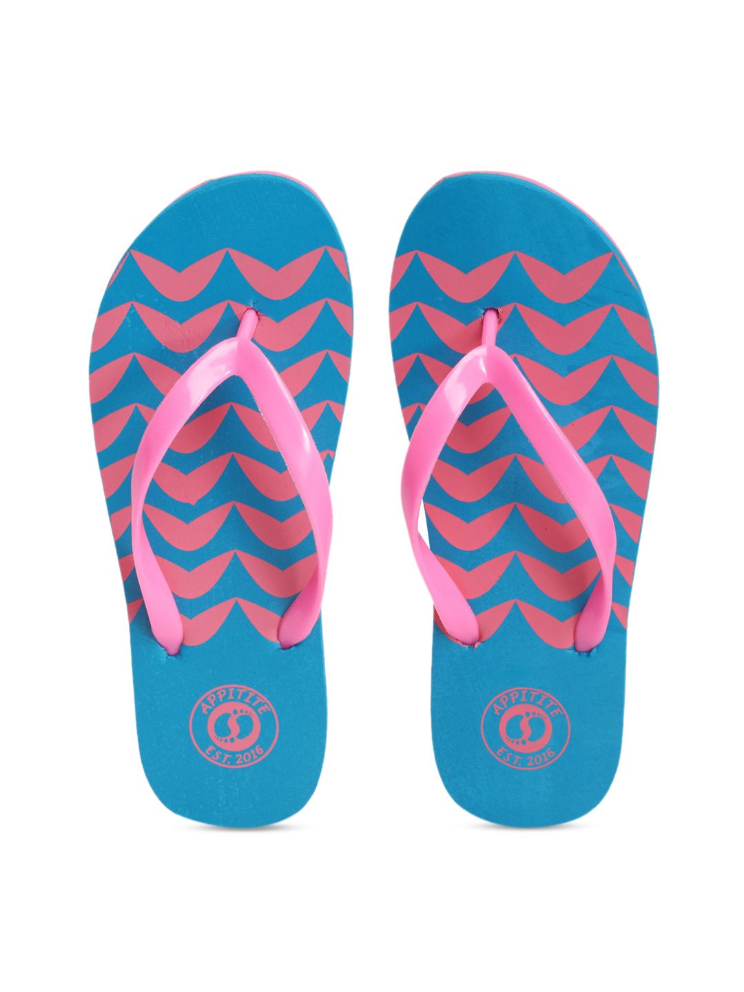 APPITITE Women Blue & Pink Printed Rubber Thong Flip-Flops Price in India