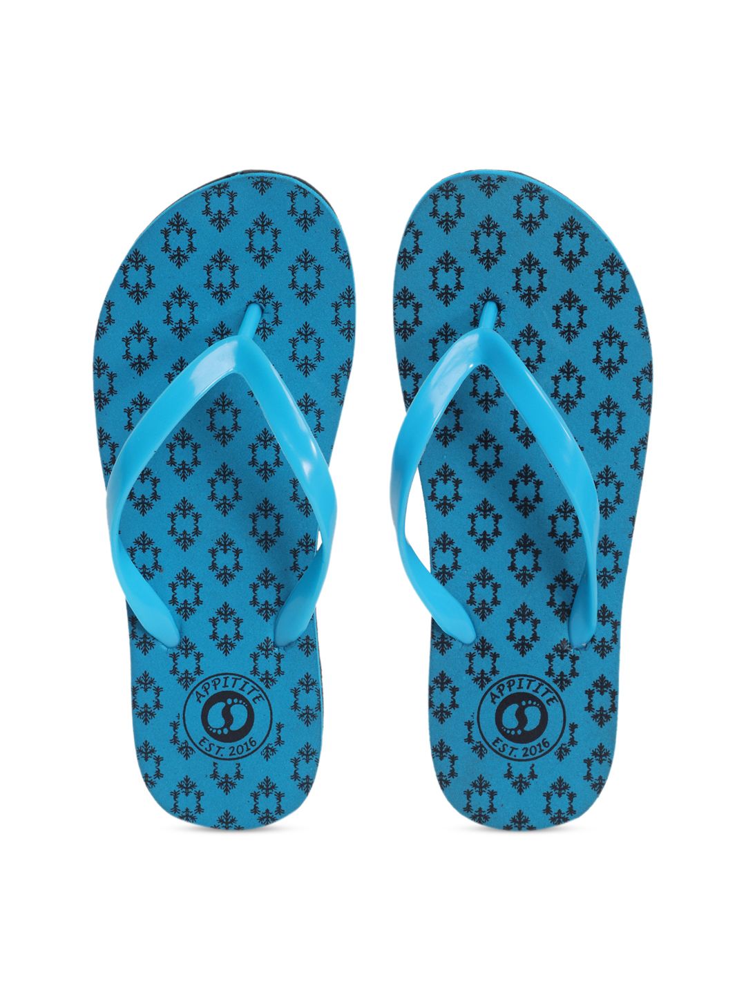 APPITITE Women Blue & Black Printed Rubber Thong Flip-Flops Price in India