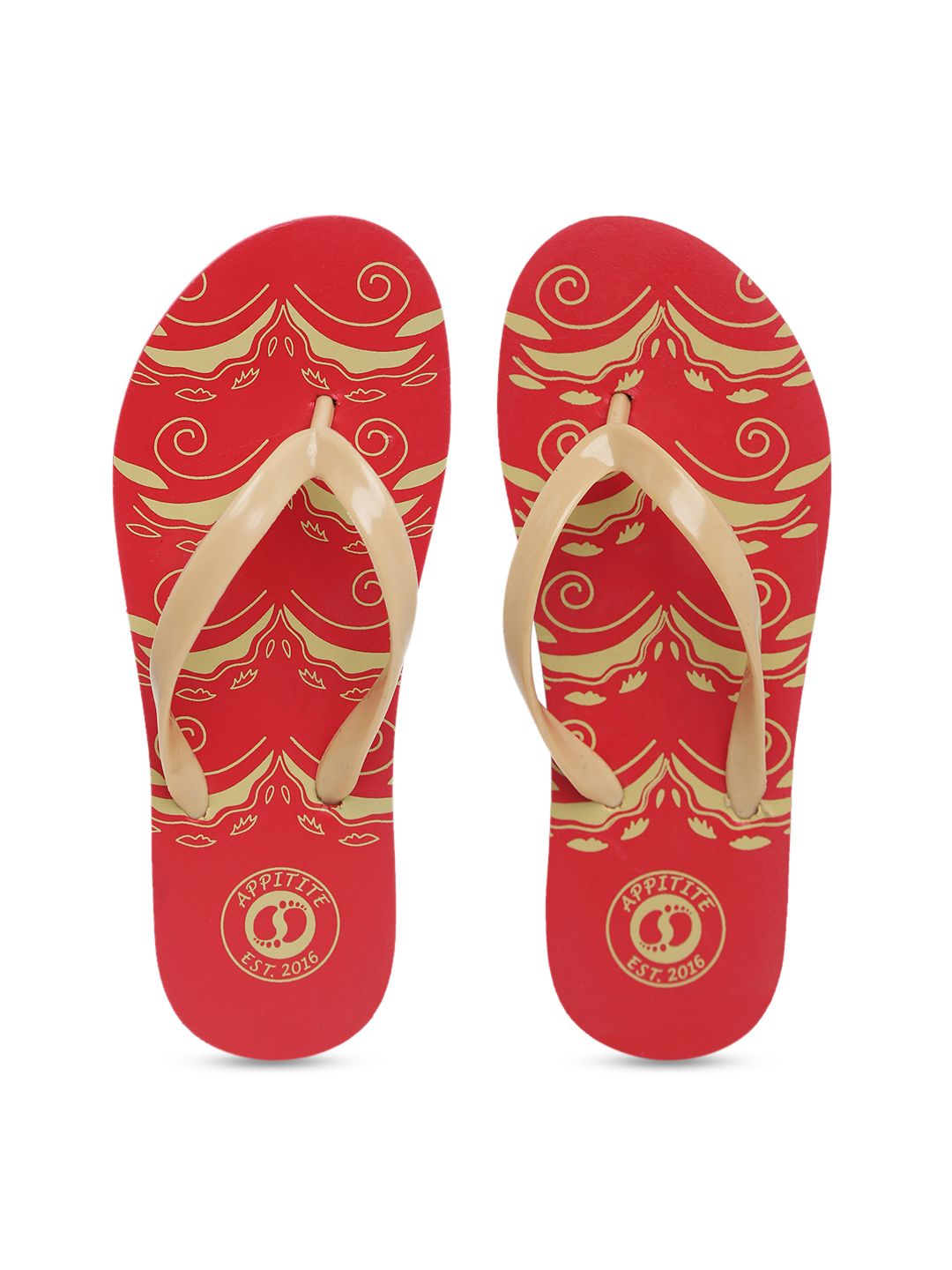 APPITITE Women Red & Tan Printed Rubber Thong Flip-Flops Price in India