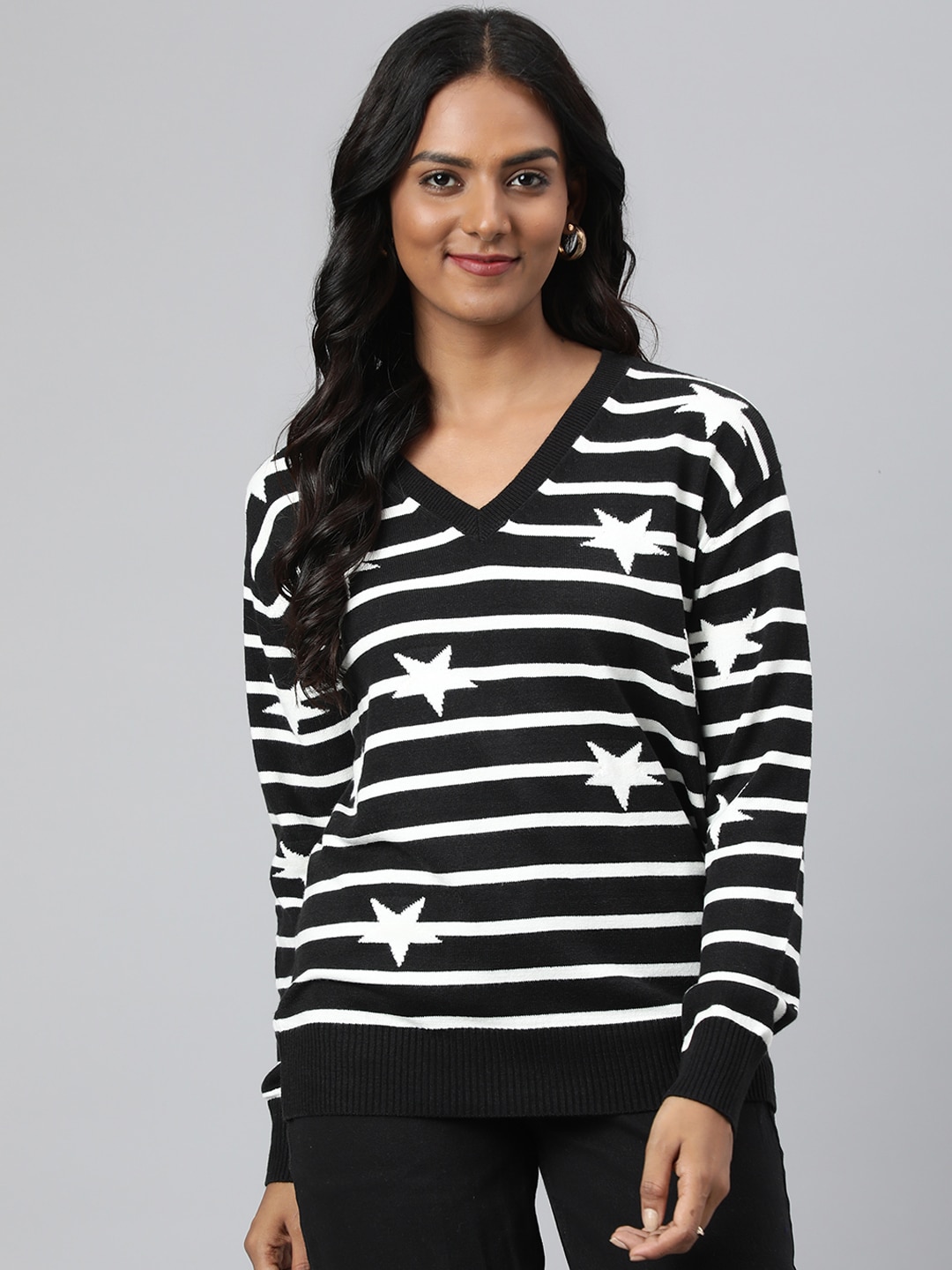 Marks & Spencer Women Black & White Striped Pullover Price in India