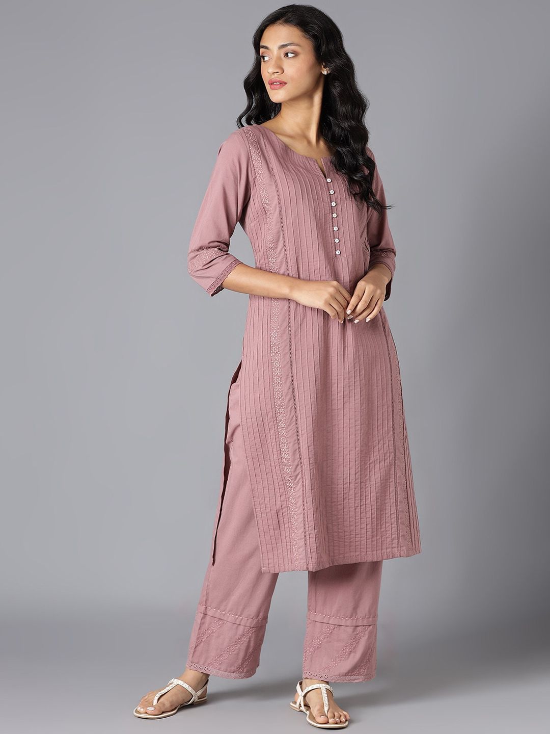 W Women Pink Striped Thread Work Kurta Price in India