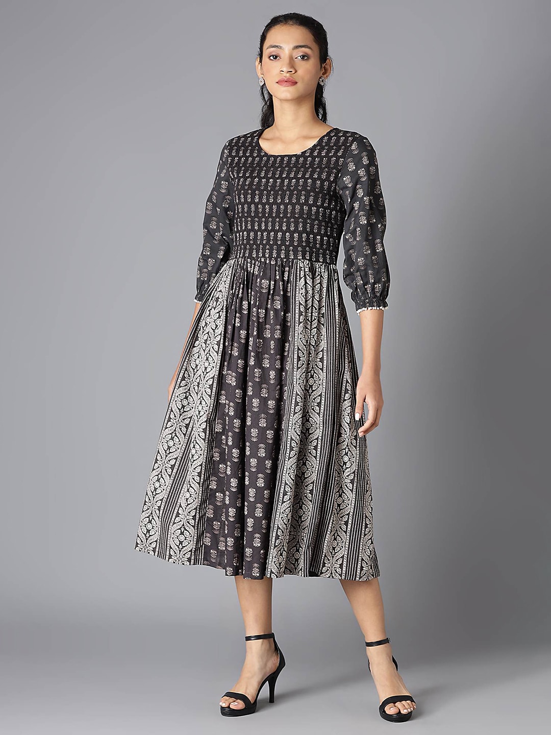 W Black & White Ethnic Motifs Midi Dress Price in India