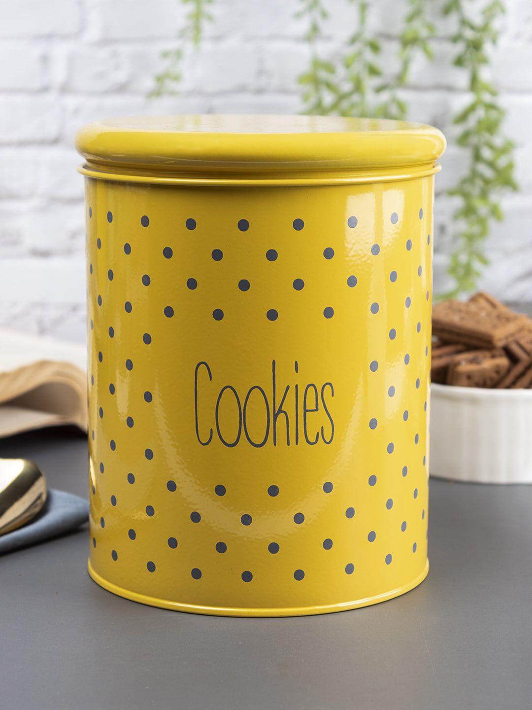 MARKET99 Mustard Yellow & Grey Micro Dot Print Cookie Canister Jar 1.7 L Price in India