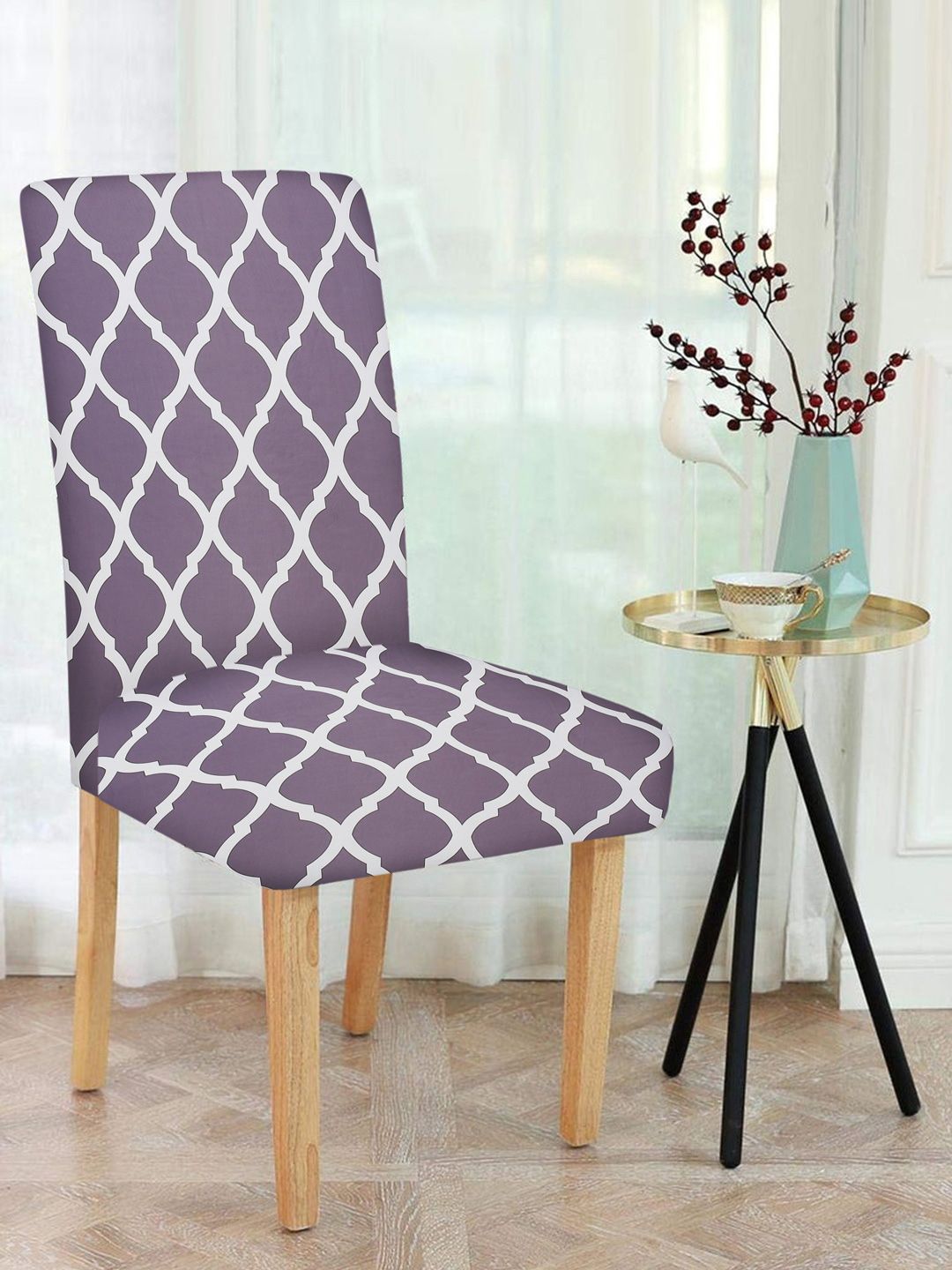 MULTITEX Set of 6 Purple & Grey Geometric Printed Chair Cover Price in India