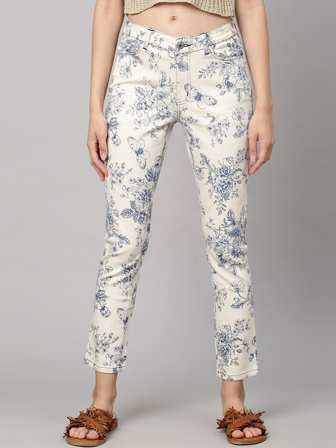 Chemistry Women Cream-Coloured & Blue Skinny Fit Printed Jeans Price in India