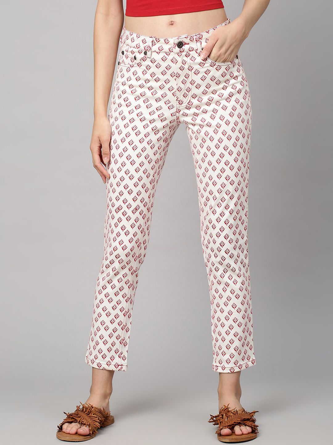 Chemistry Women Cream-Coloured Skinny Fit Printed Stretchable Jeans Price in India